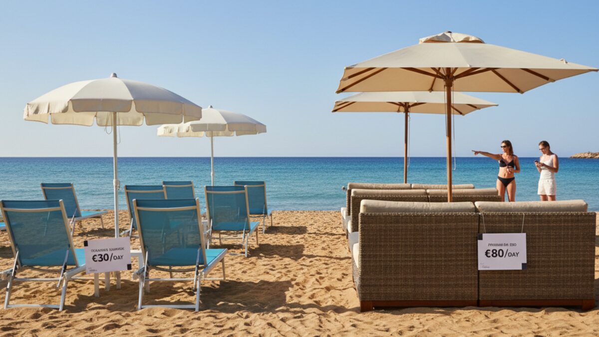 Strandliegen mit Sonnenschirm am Cala Major Strand Mallorca mit Hinweisschildern zu hohen Preisen über erlaubtem Limit