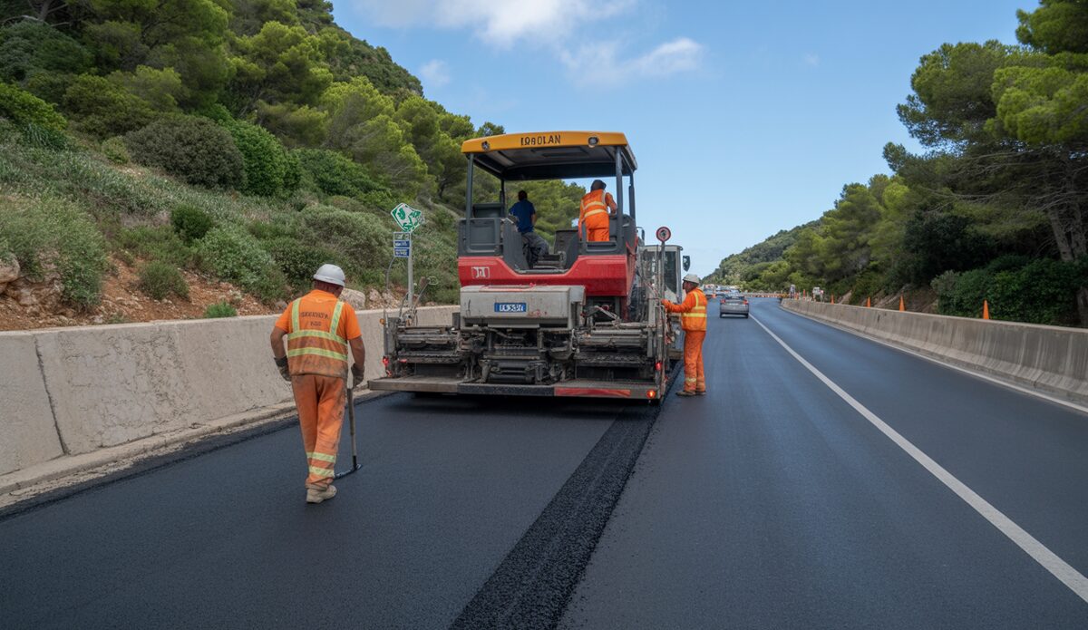 Straßensanierungsprojekt auf Mallorca auf der MA-1 mit Arbeitern und Baugeräten