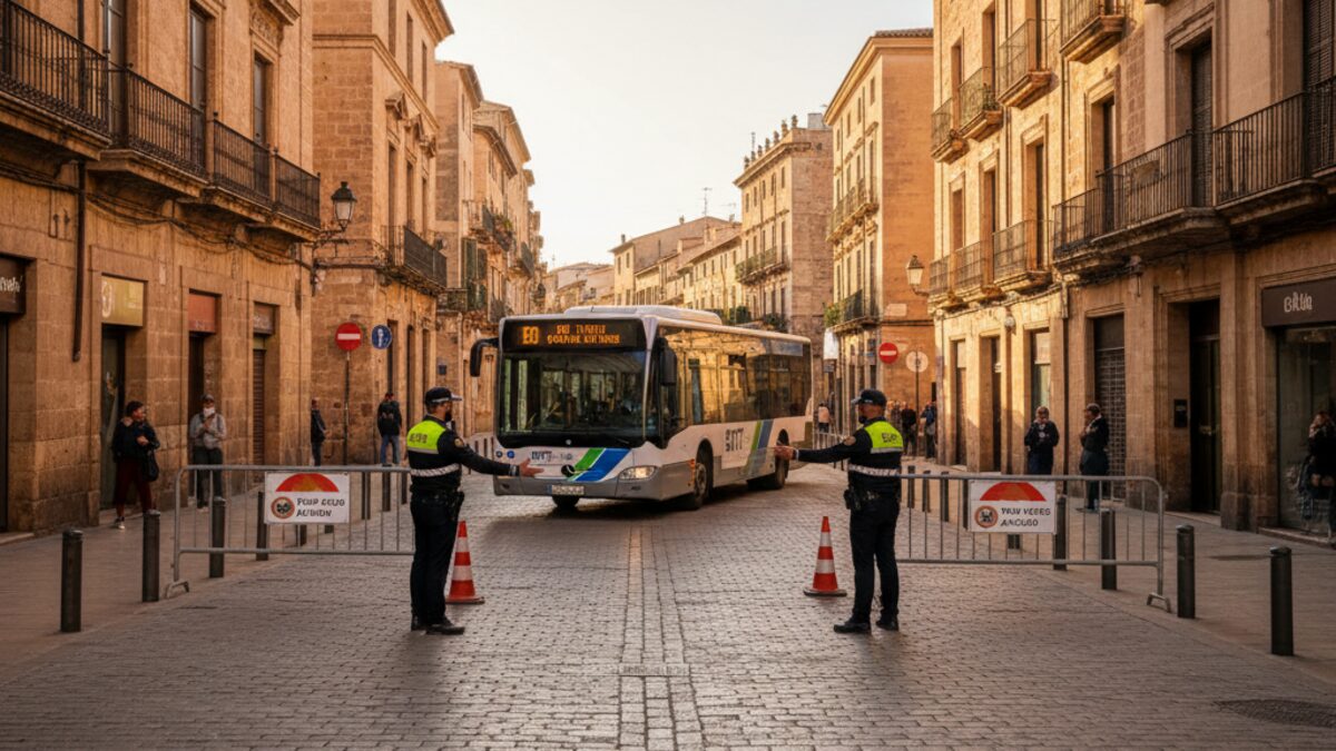 Straßensperrungen in der Altstadt von Palma de Mallorca während der Militärparade am Nationalfeiertag mit umgeleitetem EMT-Bus