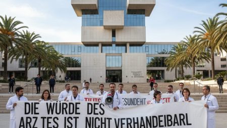 Streik in Palma: Ärzte protestieren vor Regierungsgebäude Ärzte in weißen Kitteln protestieren mit Plakaten und Trillerpfeifen vor dem Regierungsgebäude in Palma während eines Streiks