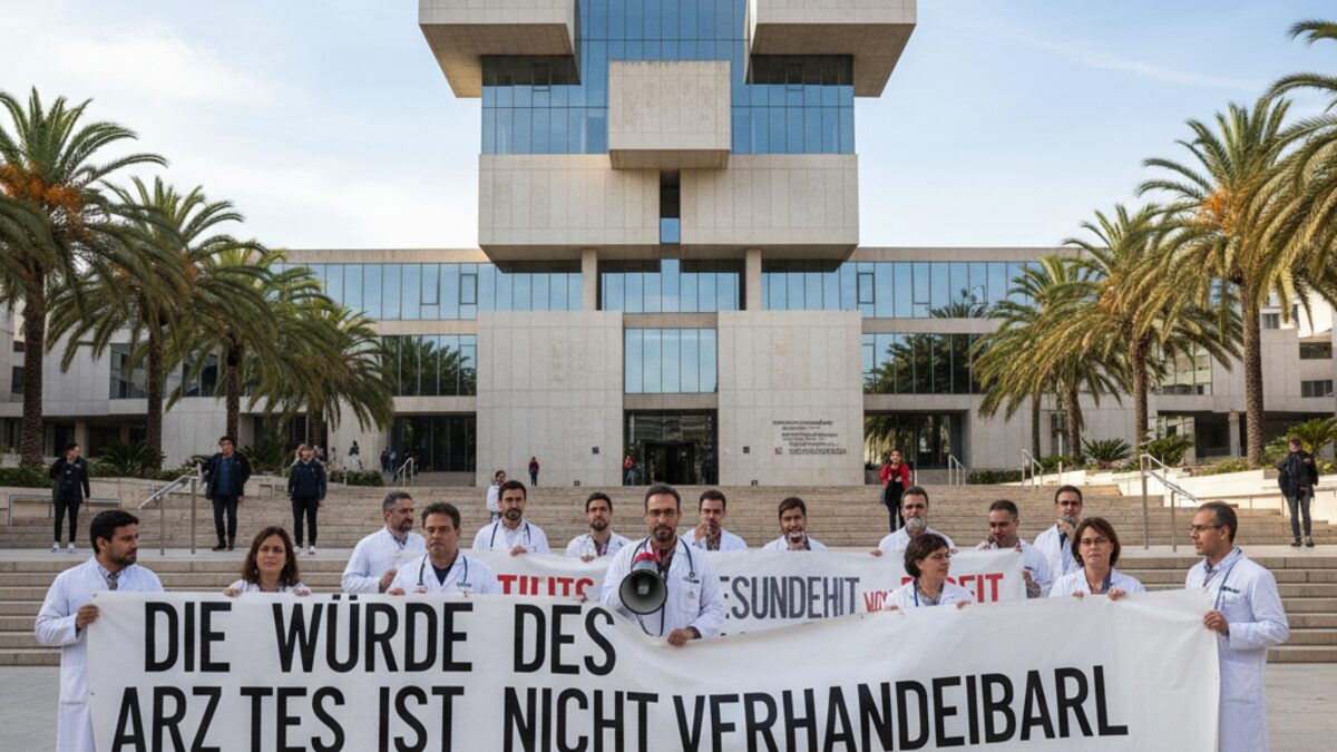Ärzte in weißen Kitteln protestieren mit Plakaten und Trillerpfeifen vor dem Regierungsgebäude in Palma während eines Streiks
