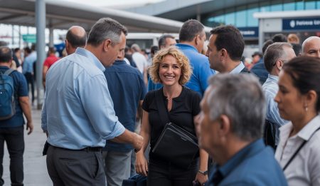 Flughafenmitarbeiter von Menzies in Palma de Mallorca interagieren mit Passagieren
