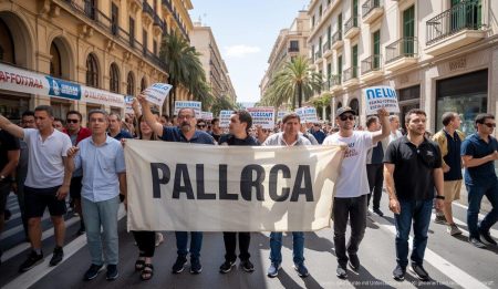 Hauptstadt von Mallorca erlebt hitzige Diskussion um Streik Protestierende in Palma, Mallorca, bei einem Streik mit Bannern und vielfältigen Teilnehmern.