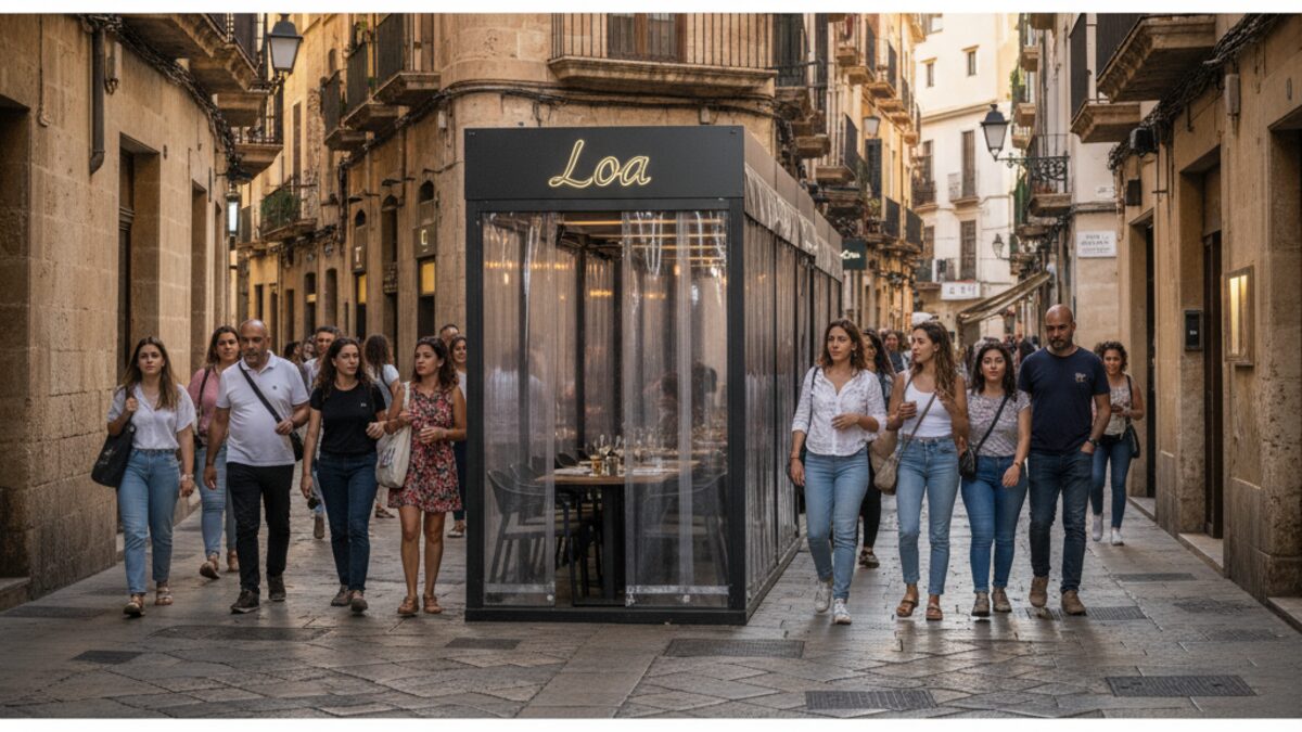 Straßenszene in Palmas Santa Catalina mit Restaurant Loa und verengtem Bürgersteig durch Gastronomieaußenbereich