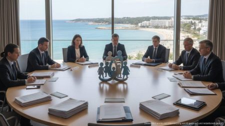 Professionelles Treffen in einem neutralen Konferenzraum mit mehreren Personen an einem runden Tisch, symbolisch für den Streit über die Zuteilung von Migrantenkindern an die Balearen.