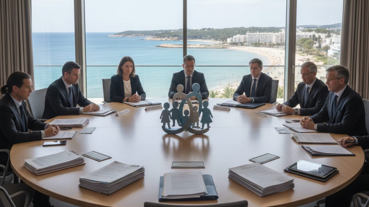 Professionelles Treffen in einem neutralen Konferenzraum mit mehreren Personen an einem runden Tisch, symbolisch für den Streit über die Zuteilung von Migrantenkindern an die Balearen.