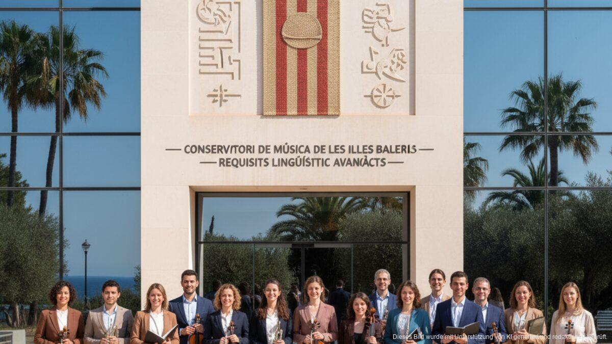 Musiker und Musiklehrer vor dem Konservatorium auf den Balearen mit katalanischen Symbolen, die strenge Sprachvoraussetzungen darstellen