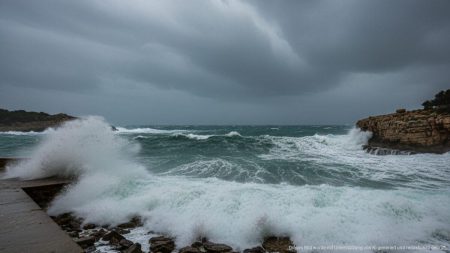 Stürmisches Wetter und Wellengangwarnung auf Mallorca Stürmische Küste auf Mallorca mit hohen Wellen und bewölktem Himmel während einer Wetterwarnung