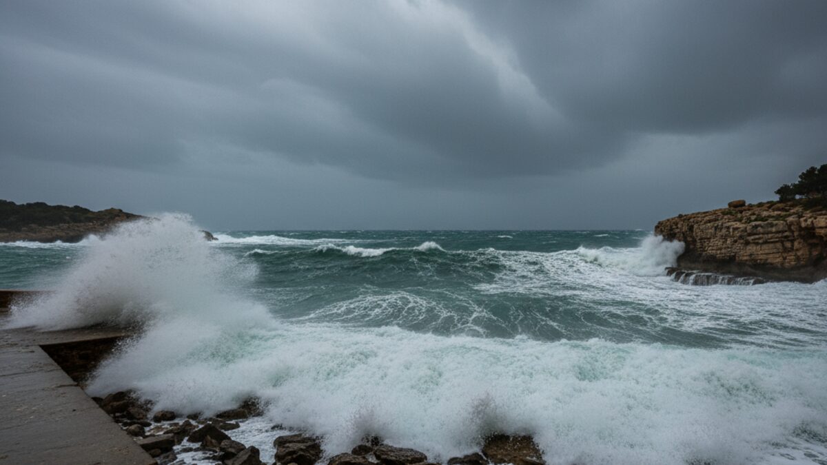 Stürmische Küste auf Mallorca mit hohen Wellen und bewölktem Himmel während einer Wetterwarnung