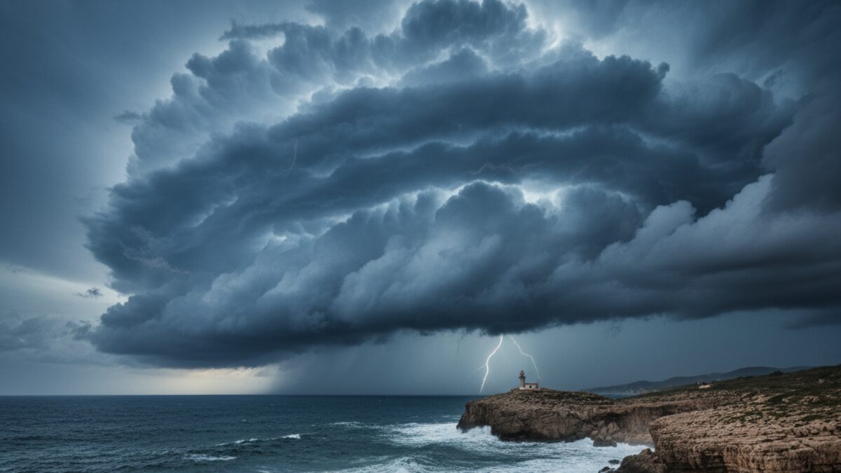 Dramatisches Wetterbild mit dunklen Gewitterwolken und Regen über der Küstenlandschaft von Mallorca vor Sturm Alice