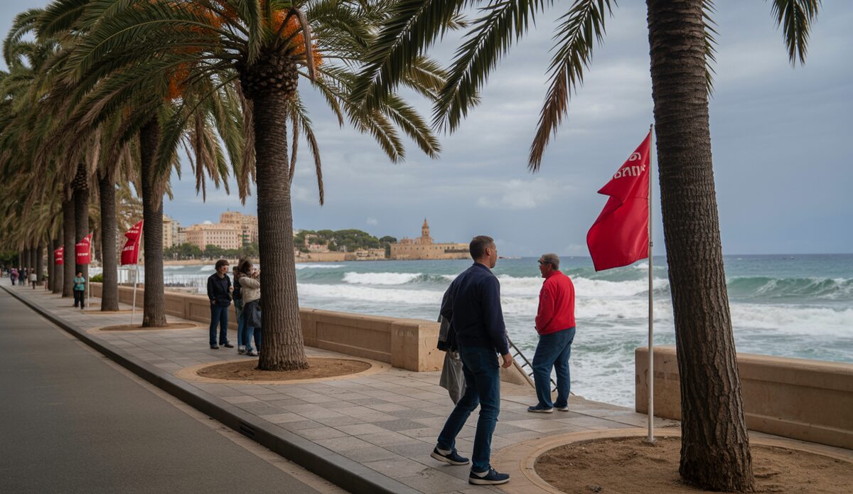 Strände geschlossen wegen Sturm Benjamin in Palma de Mallorca mit roten Flaggen.
