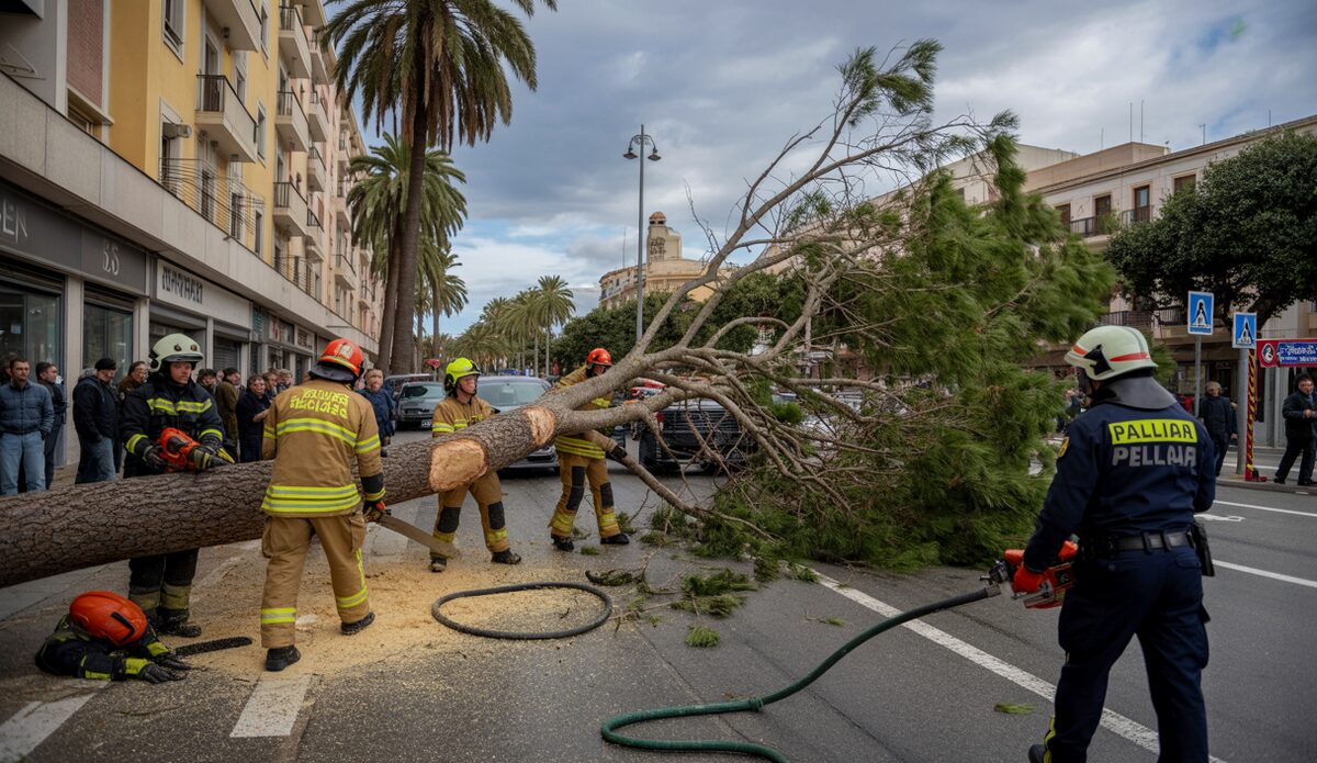 Feuerwehrkräfte in Palma de Mallorca entfernen einen umgestürzten Baum von der Straße bei stürmischem Wetter.