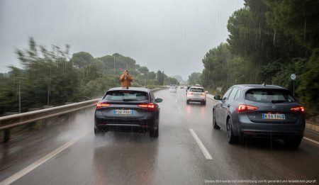 Sicheres Fahren bei Sturm: Tipps für Autofahrer auf Mallorca Ein Auto fährt bei stürmischem Wetter sicher auf einer Landstraße in Mallorca.