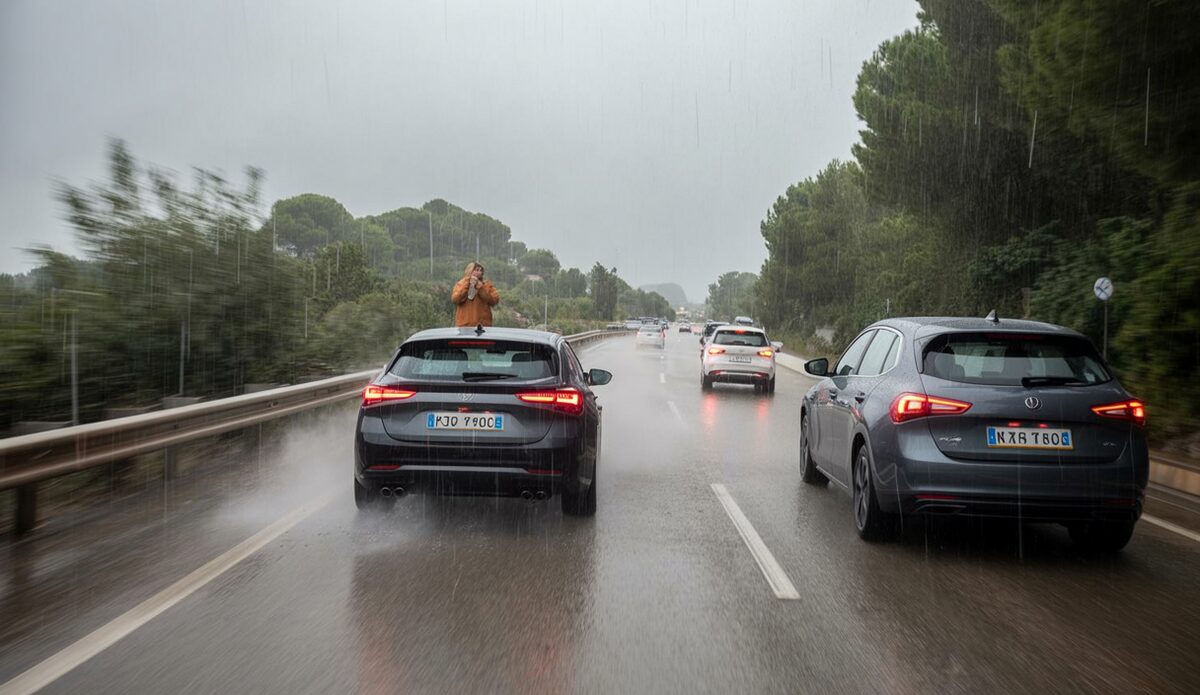 Ein Auto fährt bei stürmischem Wetter sicher auf einer Landstraße in Mallorca.