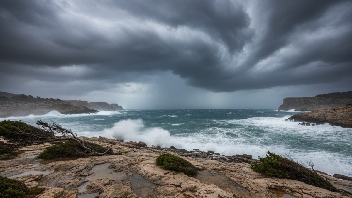 Starkregen und dunkle Wolken über der Küste von Mallorca