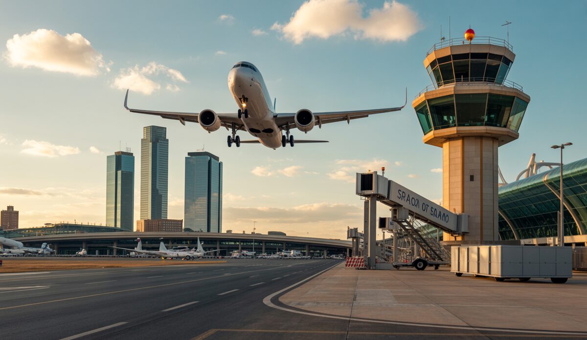 Flugzeug bei Anflug auf spanischem Flughafen als Symbol für Subventionsstreit