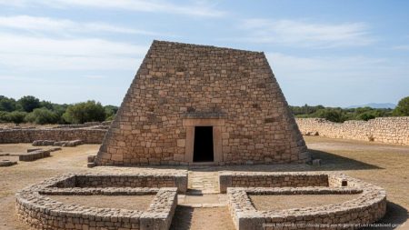 Freigelegte Talayot-Bauten und antike Steinmauern bei archäologischer Ausgrabung auf Mallorca unter blauem Himmel