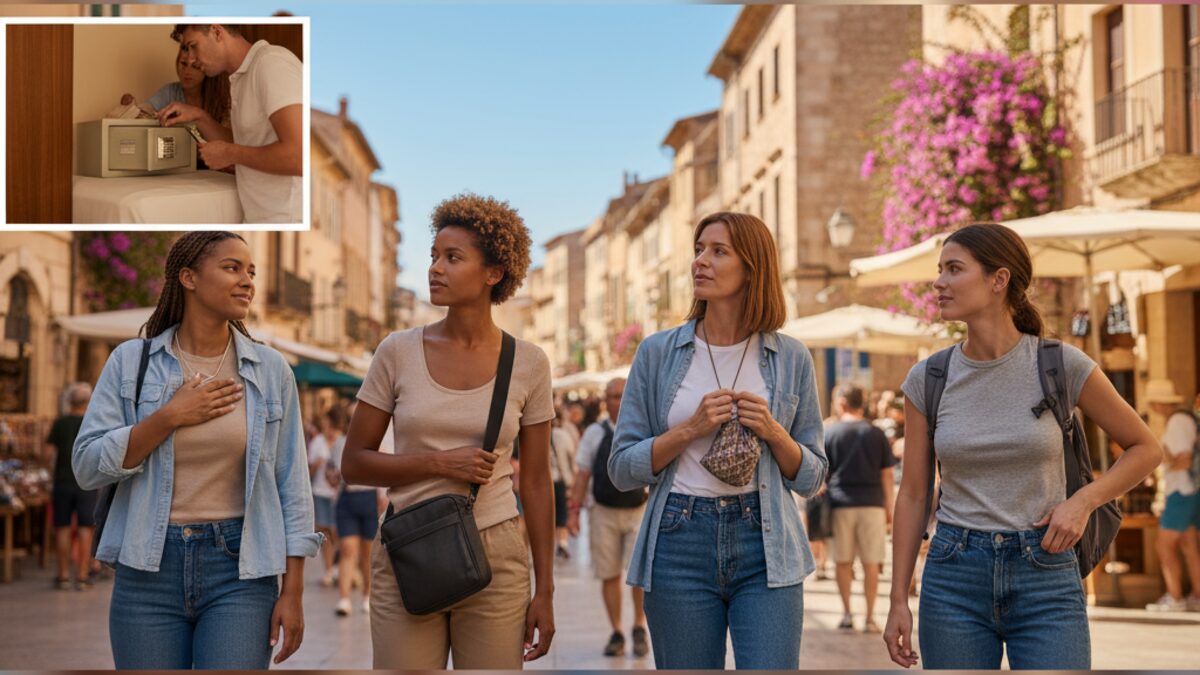 Touristen auf Mallorca schützen aufmerksam ihre Wertgegenstände vor Taschendieben am belebten Ferienort mit sonnigem Wetter