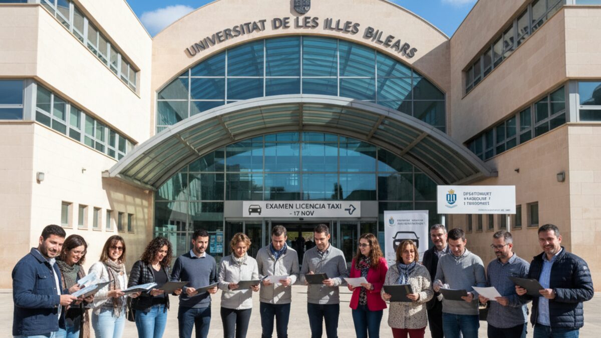 Menschen vor der Universität der Balearischen Inseln in Palma bei der Vorbereitung zur Taxiführerscheinprüfung am 17. November