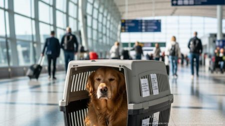 Hund in Transportbox am Flughafen bereitet sich auf Flug nach Mallorca vor, umgeben von Reisenden und Flughafenatmosphäre