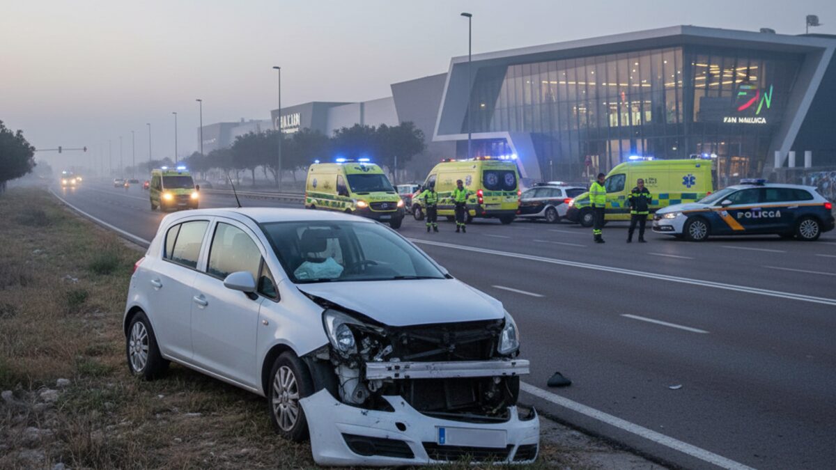 Schwerer Verkehrsunfall auf Mallorca mit beschädigtem Opel Corsa und Rettungsfahrzeugen am frühen Morgen nahe FAN Mallorca Shopping
