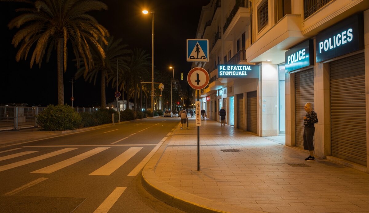 Eine verwaiste Polizeiwache an der Playa de Palma mit wenigen Fußgängern bei Nacht