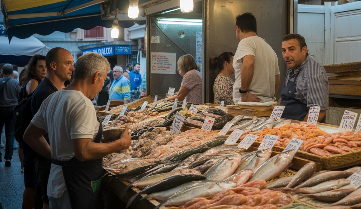 Traditioneller Fischhandel auf Mallorca mit einer Auswahl an frischen Meeresfrüchten.