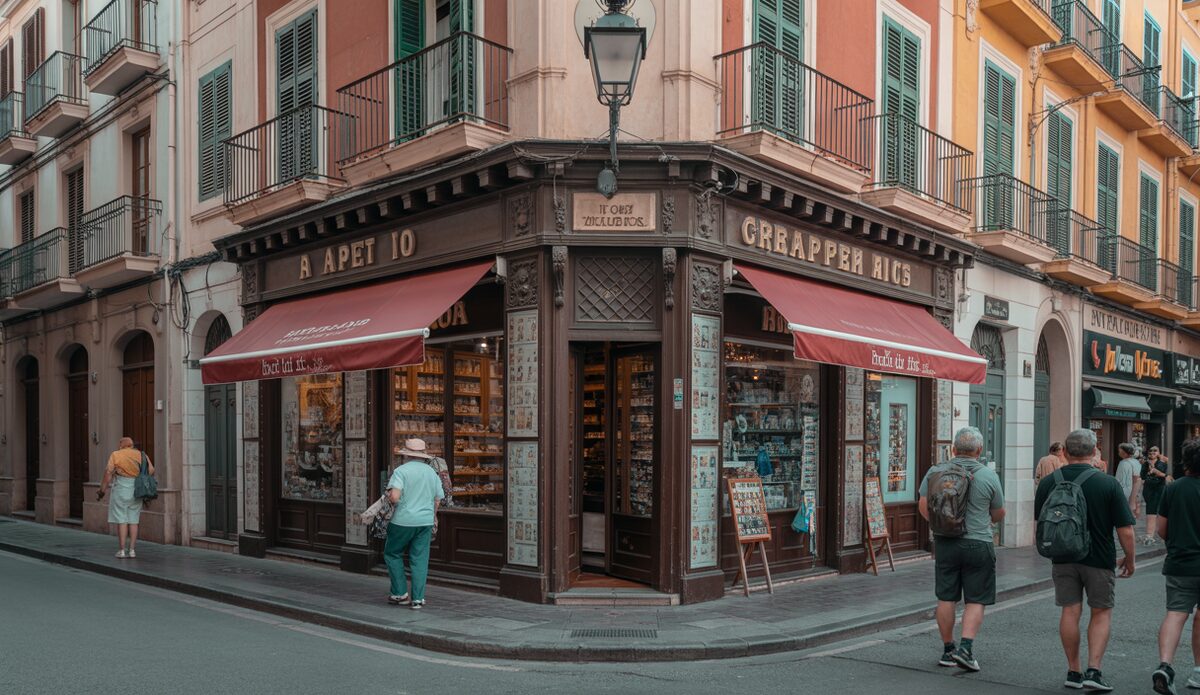 Traditionsgeschäft auf Mallorca schließt nach 340 Jahren Traditionelles Geschäft in Palma de Mallorca davor mit Touristen und traditioneller Architektur