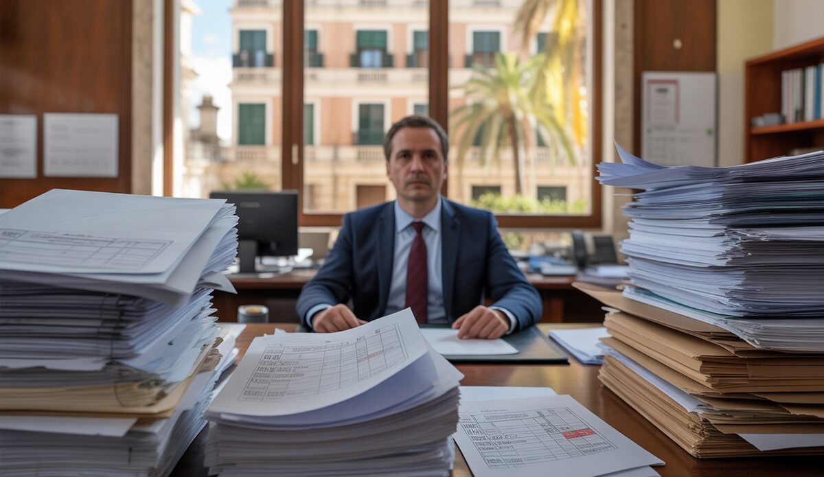 Büro auf Mallorca mit ungeregelten Aktenstapeln