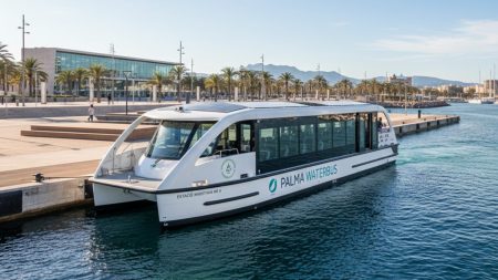 TUI bewirbt sich um Betrieb des Wasserbusses auf Mallorca Moderner emissionsarmer Wasserbus im Hafen von Palma de Mallorca vor dem Paseo Marítimo, umweltfreundliche Nahverkehrsalternative