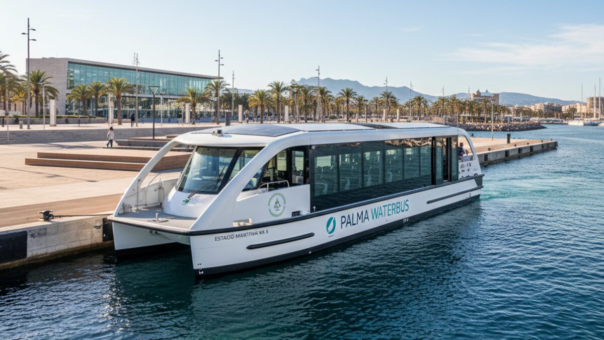 Moderner emissionsarmer Wasserbus im Hafen von Palma de Mallorca vor dem Paseo Marítimo, umweltfreundliche Nahverkehrsalternative