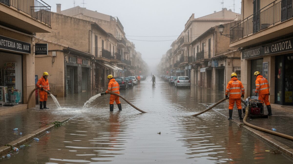Überschwemmte Straße in Porto Cristo nach starkem Regen auf Mallorca