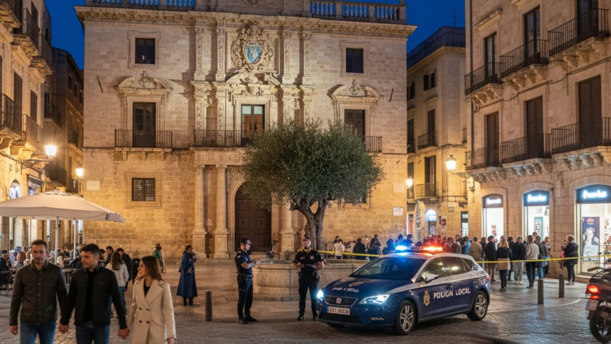 Nachtaufnahme einer belebten Straße in Palma de Mallorca mit polizeilicher Präsenz