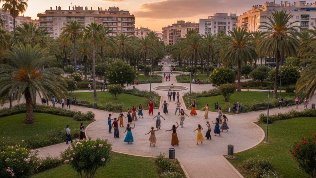 Parc de Ses Estacions in Palma mit multikulturellen Tanzgruppen bei Sonnenuntergang, umgeben von städtischer Kulisse