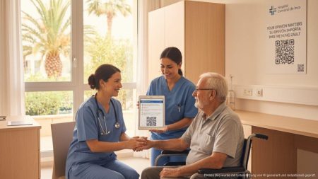 Patient und Pflegekraft in modernem Krankenhaus in Inca Mallorca bei humanisierter Betreuung mit digitalem Umfrage-QR-Code