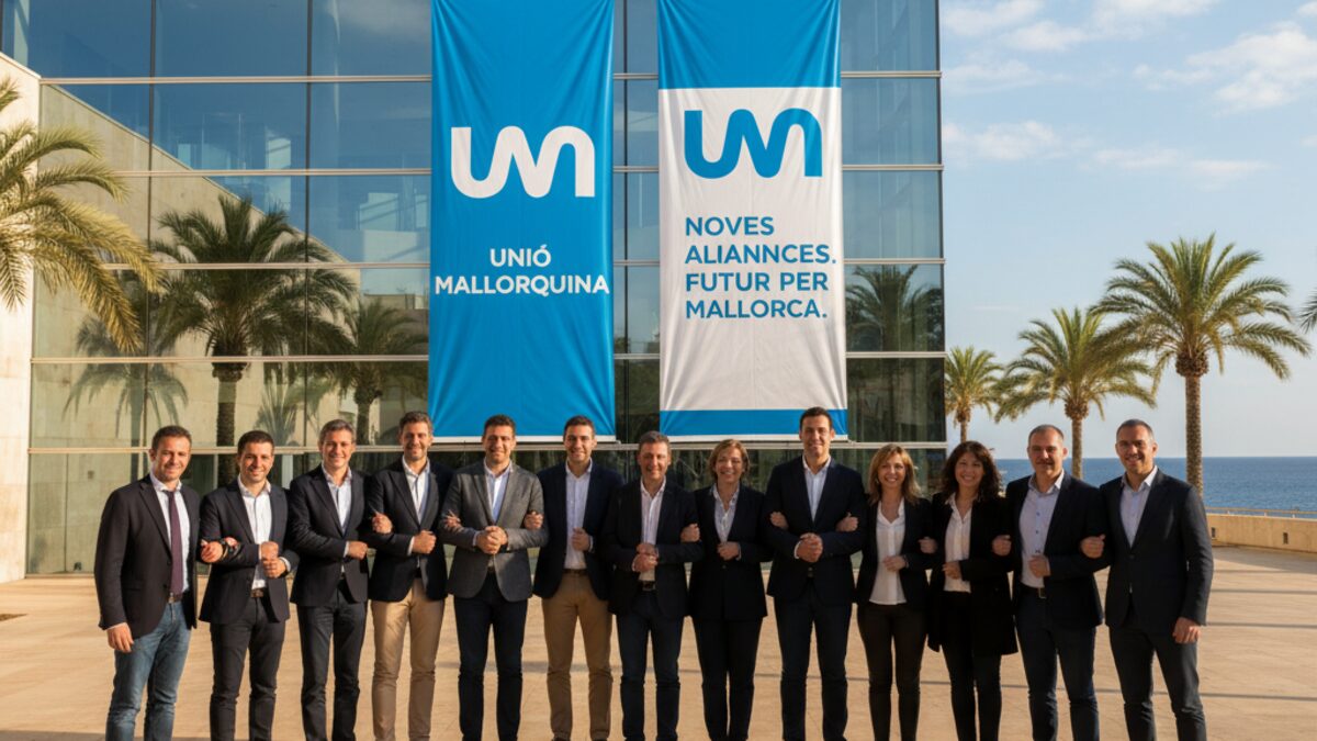 Symbolische Darstellung der politischen Rückkehr der Unió Mallorquina mit einer vielfältigen Gruppe von Personen vor einem Regierungsgebäude auf Mallorca
