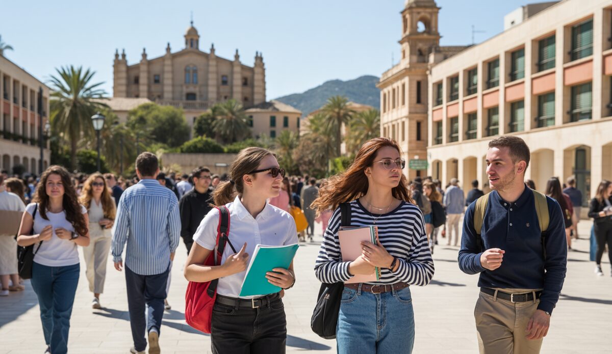 Privatuniversität auf Mallorca mit modernem Gebäude und Studenten