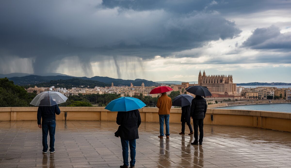 Dramatische Regenwolken über Palma auf Mallorca mit Regenschauern