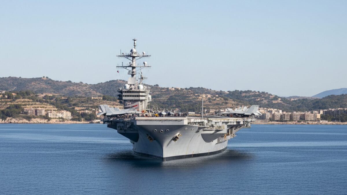 US-Flugzeugträger USS Gerald R. Ford in der Bucht von Palma de Mallorca, modernes militärisches Schiff vor Küstenlandschaft
