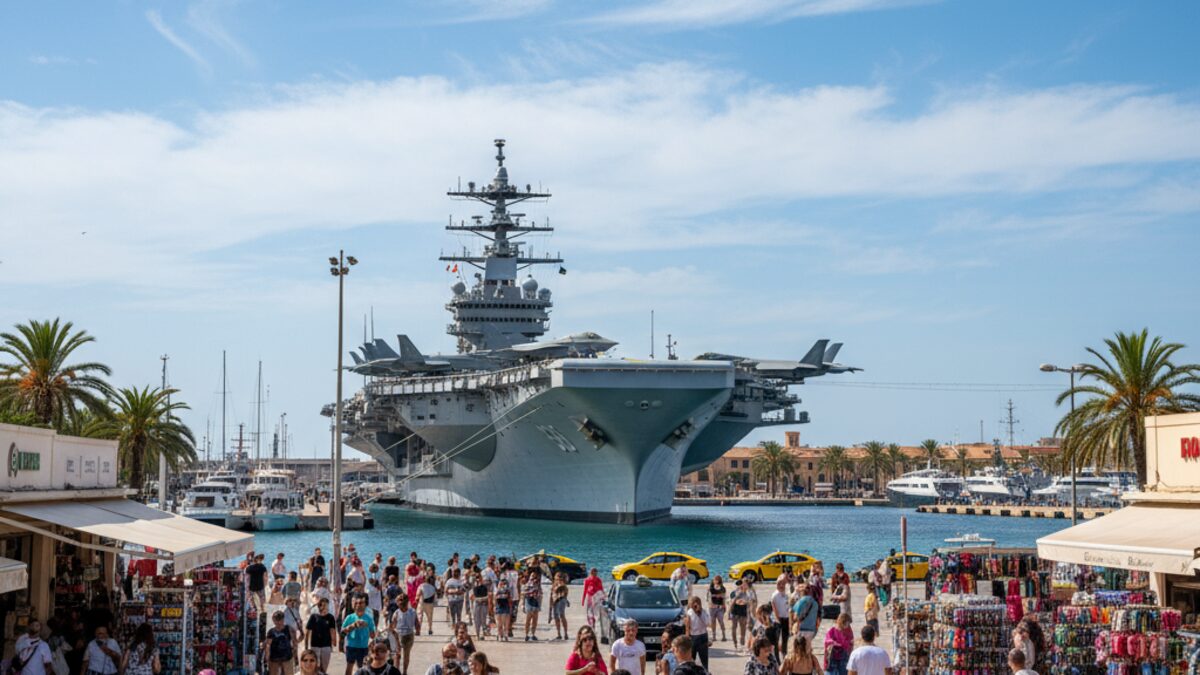 Der US-Flugzeugträger Gerald R. Ford im Hafen von Palma de Mallorca mit belebt wirkendem Stadtbild und Taxis im Vordergrund, die den wirtschaftlichen Aufschwung auf Mallorca symbolisieren.