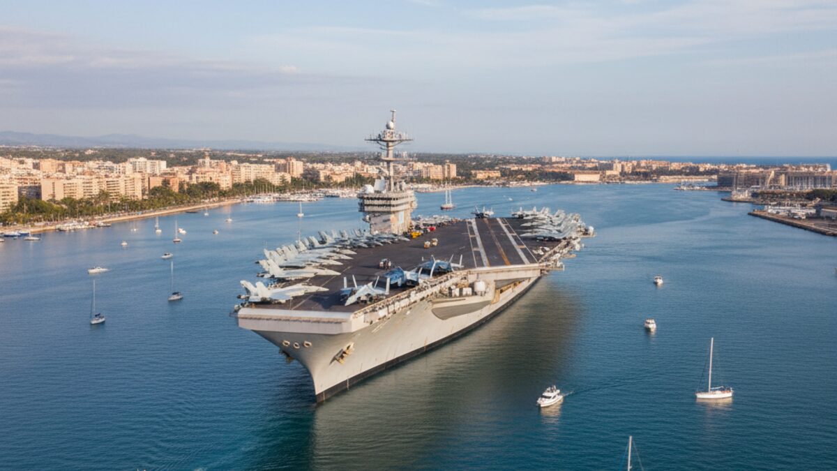 Der US-Flugzeugträger USS Gerald R. Ford liegt ruhig vor Palma in der Bucht, mit Flugzeugen auf dem Deck und umgeben von kleinen Booten im Hafen.