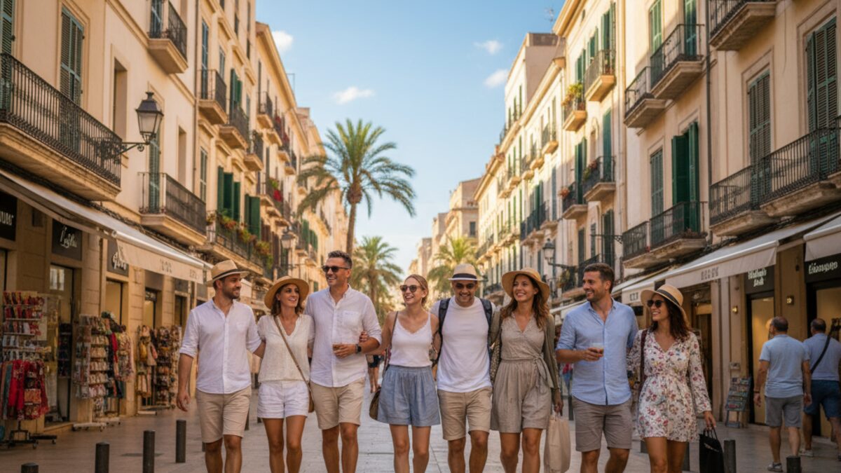 Lebhafte Einkaufsstraße in Palma de Mallorca mit entspannten Touristen und mediterraner Architektur an einem sonnigen Tag