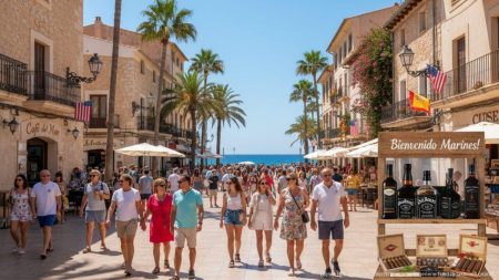 Belebte Innenstadt von Mallorca mit Geschäften und Restaurants, die US-Marines mit amerikanischen Produkten und Flaggen willkommen heißen