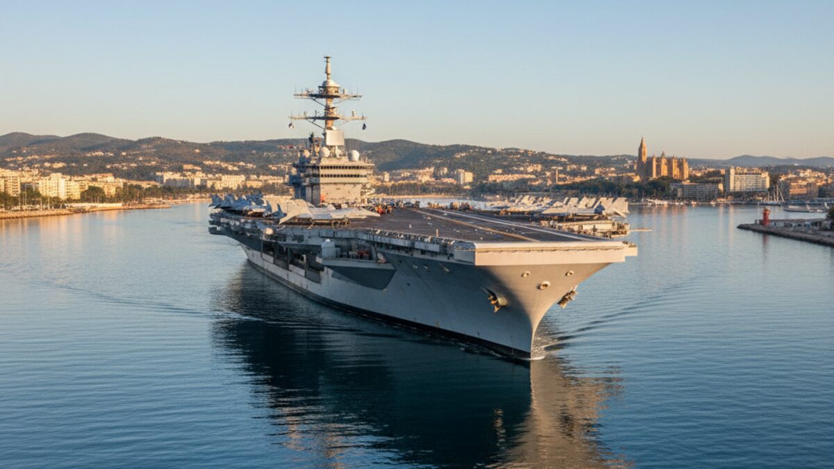 Der US-Flugzeugträger USS Gerald R. Ford bei der Einfahrt in den Hafen von Palma de Mallorca unter klarem Himmel