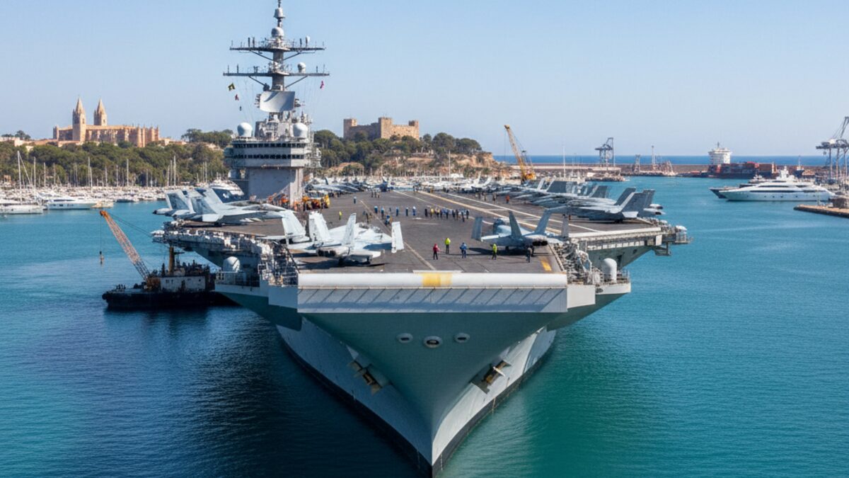 Die USS Gerald R. Ford Flugzeugträger festgemacht in der Bucht von Palma vor Mallorca mit ruhigem Hafen im Hintergrund