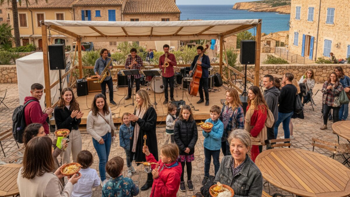 Lebendige Szene eines kulturellen Festivals auf Mallorca im Oktober 2025 mit Musikern, Besucherinnen und Besuchern sowie regionalen Speisen