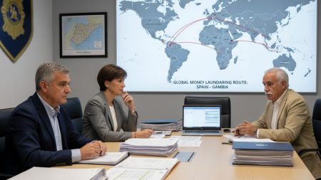 Verhaftungen auf Mallorca wegen Betrugs über gambische Bank Guardia Civil Ermittler und verdächtige Personen bei Ermittlungen wegen Betrug mit gambischer Bank auf Mallorca in modernem Büro