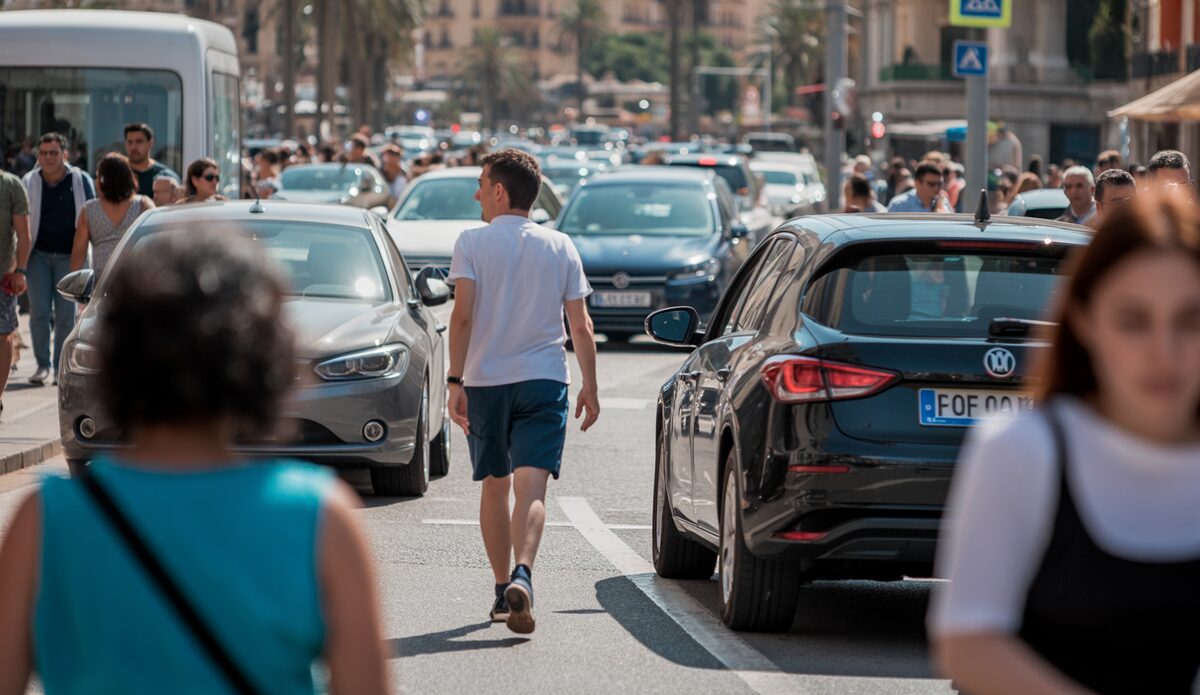 Straßenverkehr auf Mallorca mit Autos und Menschen im Hintergrund