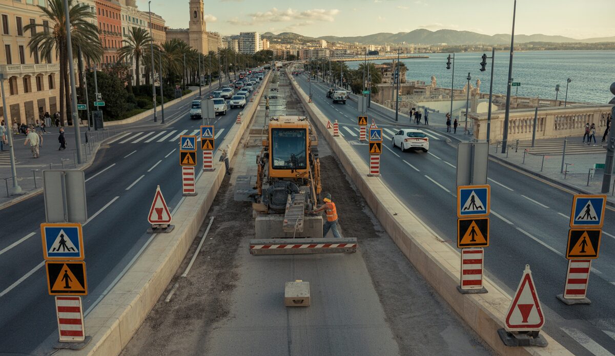 Bauarbeiten am Paseo Marítimo in Palma mit Verkehrszeichen und Baustellenfahrzeugen