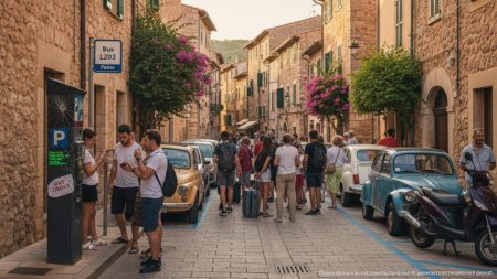 Überfüllte Bushaltestelle und defekter Parkautomat in Valldemossa mit wartenden Touristen und Autos in blauen Parkzonen